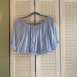 Elan pale blue gauze cotton off the shoulder crop top